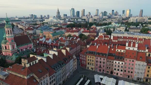 Aerial view of Warsaw Old Town and city skyline Poland.