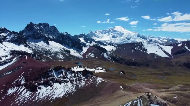 Aerial view of Nevado Ausangate mountain peaks Peru.