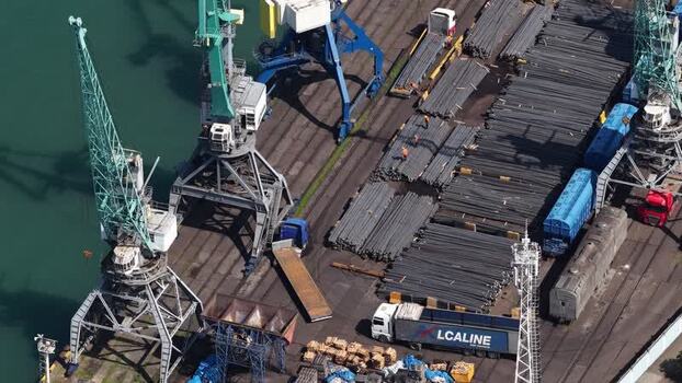 Aerial view of Batumi port with industrial cranes Georgia.