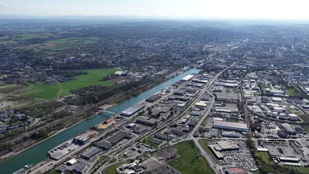 Aerial view of canal and industrial area France.