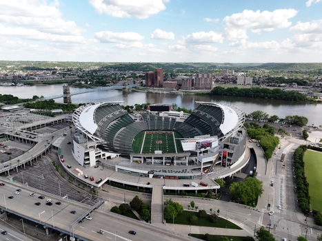 Cincinnati United States 25 April 2026 Aerial view of Paycor Stadium situated along the Ohio River with the city skyline and bridges under a bright sky. Cincinnati United States 25 April 2026 Aerial view of Paycor Stadium situated along the Ohio River with the city skyline and bridges under a bright sky.