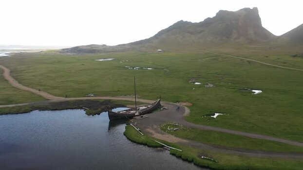 Aerial view of Viking ship replica at Stokksnes Iceland.
