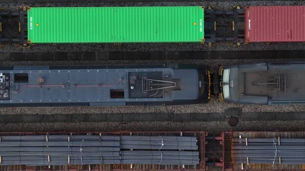 Aerial view of trains and cargo containers Portugal.