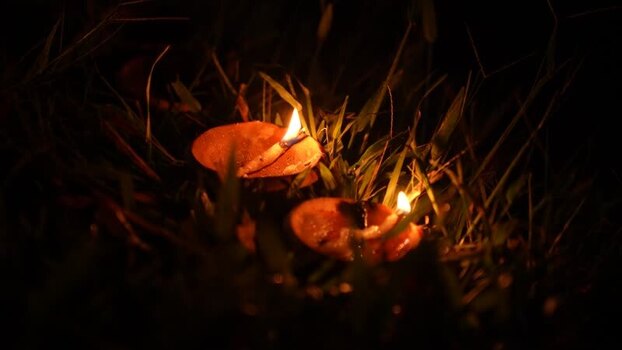 View of traditional oil lamps burning in the grass Bangladesh. View of traditional oil lamps burning in the grass Bangladesh.