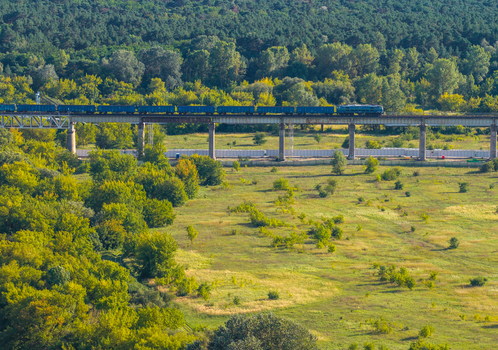 Aerial view of a freight train crossing the Elevated Railway Viaduct surrounded by lush green trees and open fields in Poznan Greater Poland Voivod Poland. Aerial view of a freight train crossing the Elevated Railway Viaduct surrounded by lush green trees and open fields in Poznan Greater Poland Voivod Poland.