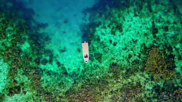 Aerial view of a boat over a coral reef in Guanaja Honduras. Aerial view of a boat over a coral reef in Guanaja Honduras.