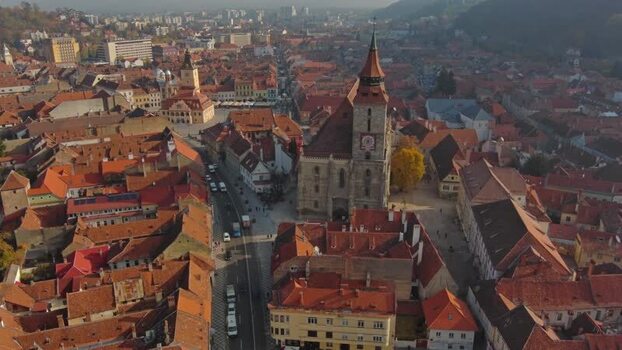 Aerial view of Black Church and historic rooftops in Romania. Aerial view of Black Church and historic rooftops in Romania.