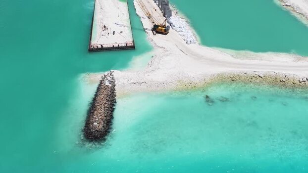 Aerial view of coastal construction in Kudahuvadhoo Maldives.