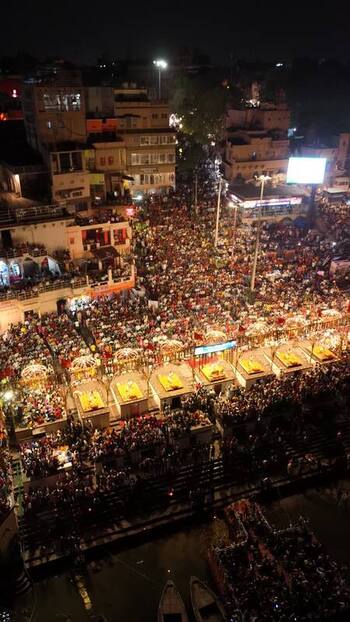 Aerial view of Dashashwamedh Ghat during Ganga Aarti India. Aerial view of Dashashwamedh Ghat during Ganga Aarti India.