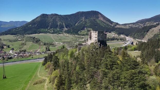 Aerial view of Castle Likava ruins on a hill Slovakia.
