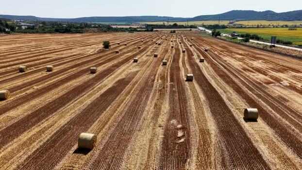 Aerial view of harvested field with hay bales in Bulgaria.