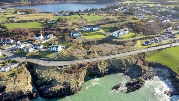 Aerial view of Portnablagh coastal village in Ireland.