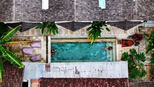 Aerial view of swimming pool in a villa in Bali Indonesia.