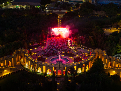 Attard Malta 20 September 2026 Aerial view of Park Nazzjonali Ta Qali during an outdoor concert at night with a brightly lit stage large crowd and central fountain. Attard Malta 20 September 2026 Aerial view of Park Nazzjonali Ta Qali during an outdoor concert at night with a brightly lit stage large crowd and central fountain.