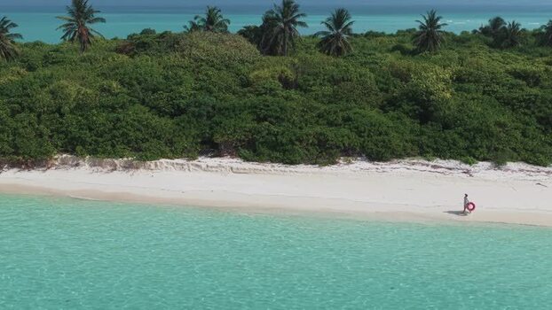 Aerial view of a person walking on a tropical beach Maldives.