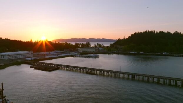 Aerial view of Columbia River at sunset in Astoria United States.