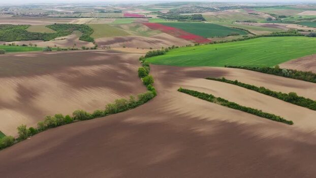 Aerial view of rolling agricultural fields in Cejkovice Czechia.