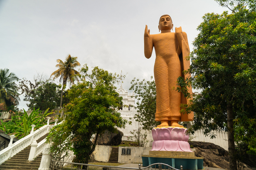 View of a large standing Buddha statue on a lotus pedestal surrounded by lush tropical greenery and a white temple building in Dodanduwa Southern Province Sri Lanka. View of a large standing Buddha statue on a lotus pedestal surrounded by lush tropical greenery and a white temple building in Dodanduwa Southern Province Sri Lanka.