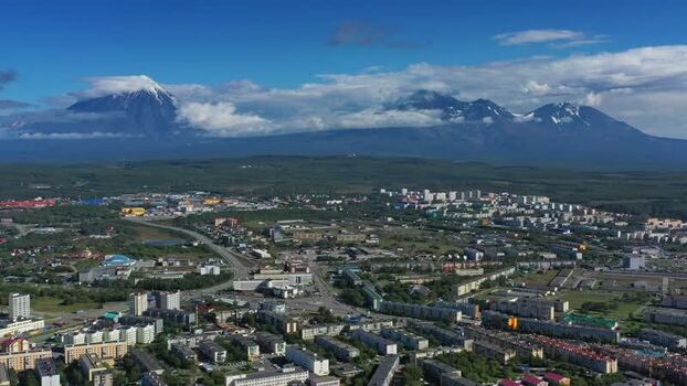 Aerial view of Petropavlovsk Kamchatskiy and volcanoes Russia.