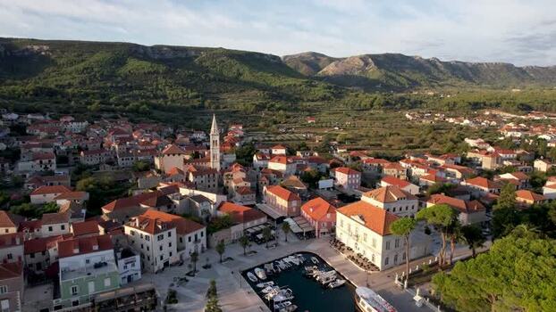 Aerial view of Jelsa harbor with boats Croatia.