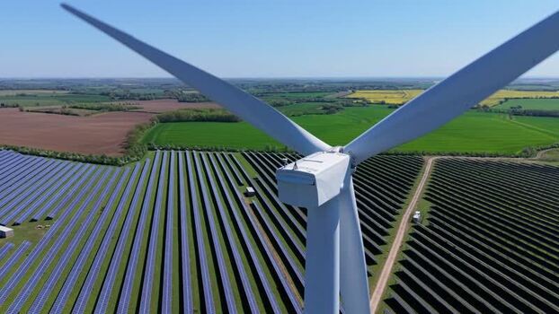 Aerial view of Chelveston Wind Farm and solar panels United Kingdom. Aerial view of Chelveston Wind Farm and solar panels United Kingdom.