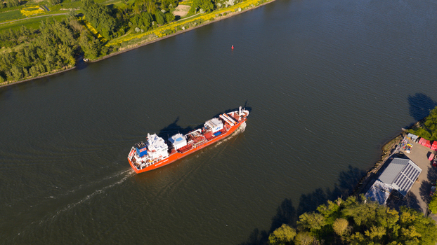 Dordrecht Netherlands 29 April 2026 Drone view of Coral Pearl with folded WAPS units showing eSAIL and wingsail technology for fuel saving and more sustainable maritime transport.