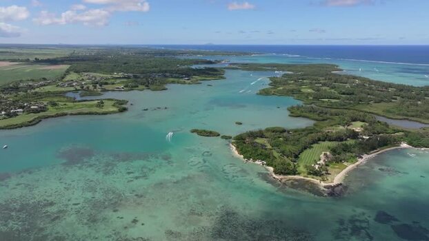 Aerial view of Ile aux Cerfs lagoon and reefs Mauritius.