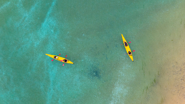 Aerial view of two yellow kayaks glide across the turquoise waters their paddles creating ripples on the serene surface Abel Tasman National Park Tasman Region New Zealand. Aerial view of two yellow kayaks glide across the turquoise waters their paddles creating ripples on the serene surface Abel Tasman National Park Tasman Region New Zealand.