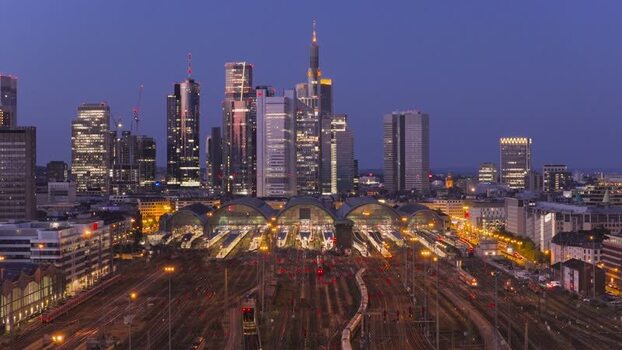 Aerial view of Hauptbahnhof and the city skyline Germany.