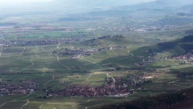 Aerial view of vineyards and villages France.