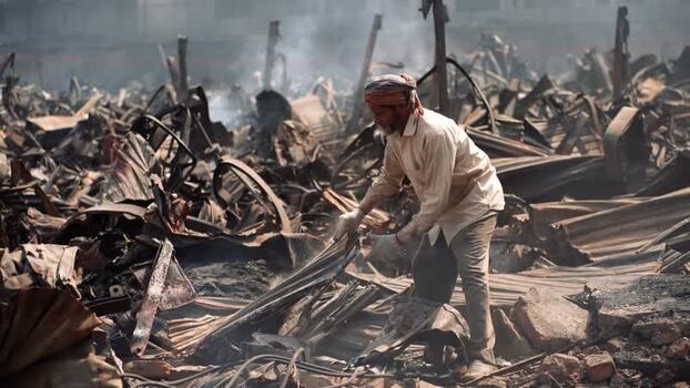 View of a man sifting through fire debris in Bangladesh. View of a man sifting through fire debris in Bangladesh.