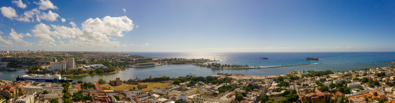 Aerial view of the historic Zona Colonial the Ozama River mouth and the coastline of Santo Domingo Distrito Nacional Dominican Republic. Aerial view of the historic Zona Colonial the Ozama River mouth and the coastline of Santo Domingo Distrito Nacional Dominican Republic.