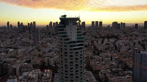 Aerial view of tall buildings in Tel Aviv Israel.