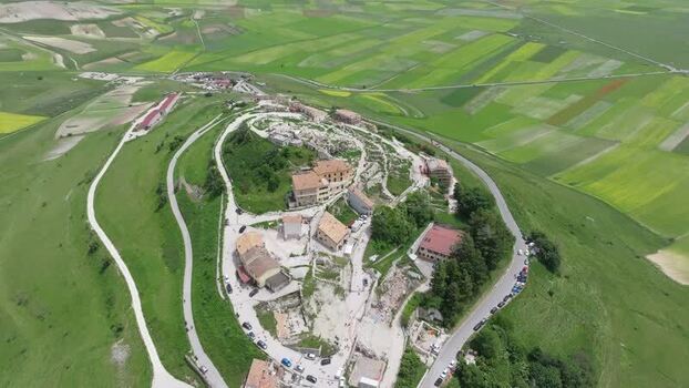 Aerial view of Castelluccio village in Italy.