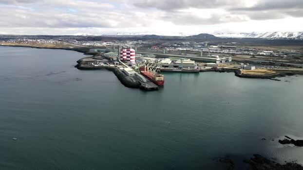Aerial view of the Port of Hafnfjordur and industrial area Iceland.