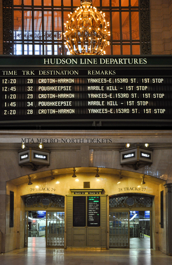 New York United States 14 May 2026 View of the Hudson Line Departures board and an ornate chandelier above the track entrances inside Grand Central Terminal. New York United States 14 May 2026 View of the Hudson Line Departures board and an ornate chandelier above the track entrances inside Grand Central Terminal.