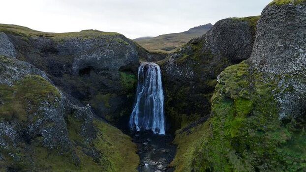 Aerial view of Bugsfoss waterfall in Olafsvik Iceland.