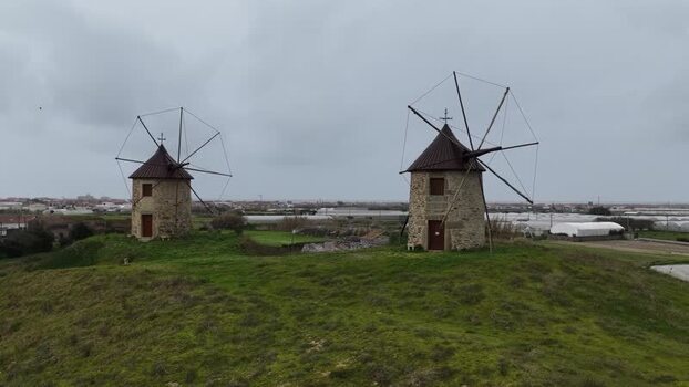Aerial view of windmills in Povoa de Varzim Portugal.
