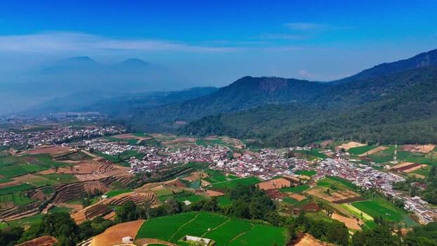 Aerial view of Brakseng and terraced fields in Indonesia.