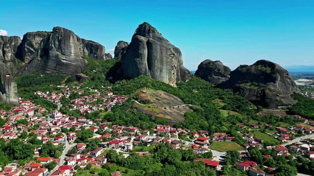 Aerial view of Meteora rock formations and village Greece.