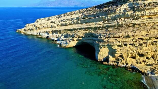 Aerial view of Matala caves in Crete Greece.