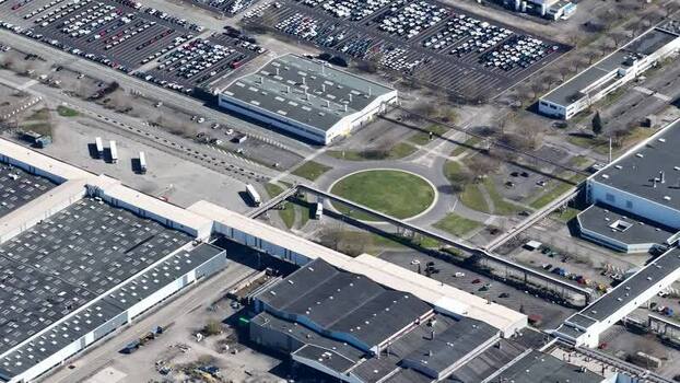 Aerial view of buildings and parking lots France.
