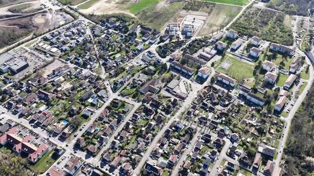 Aerial view of Sausheim village residential area France.