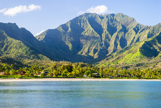 View of Hanalei Bay with lush green mountains palm trees and sandy beach under a clear blue sky in Hanalei Hawaii United States. View of Hanalei Bay with lush green mountains palm trees and sandy beach under a clear blue sky in Hanalei Hawaii United States.