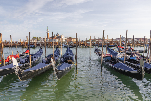 View of traditional black gondolas moored at wooden poles in the lagoon with the San Giorgio Maggiore church in the background in Venice Veneto Italy. View of traditional black gondolas moored at wooden poles in the lagoon with the San Giorgio Maggiore church in the background in Venice Veneto Italy.