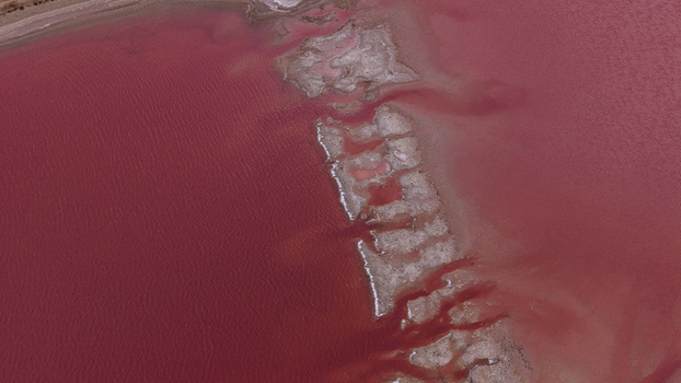 Aerial view of the vibrant pink salt lake with intricate sandy sediment patterns and salt deposits in Kalbarri Western Australia Australia. Aerial view of the vibrant pink salt lake with intricate sandy sediment patterns and salt deposits in Kalbarri Western Australia Australia.