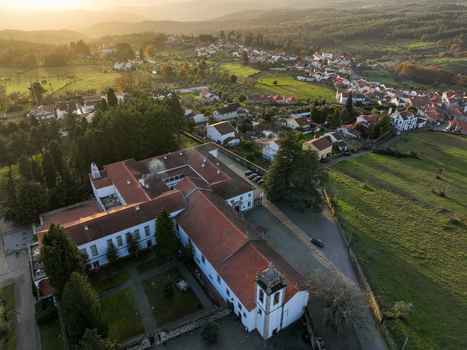 Vila Pouca da Beira Portugal 31 December 2023 Aerial view of Lam Hotel Convento do Desagravo with its historic red tiled roofs and bell tower overlooking the village and hills. Vila Pouca da Beira Portugal 31 December 2023 Aerial view of Lam Hotel Convento do Desagravo with its historic red tiled roofs and bell tower overlooking the village and hills.