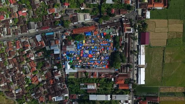 Aerial view of Bonyokan Pasar Legi market stalls Indonesia.