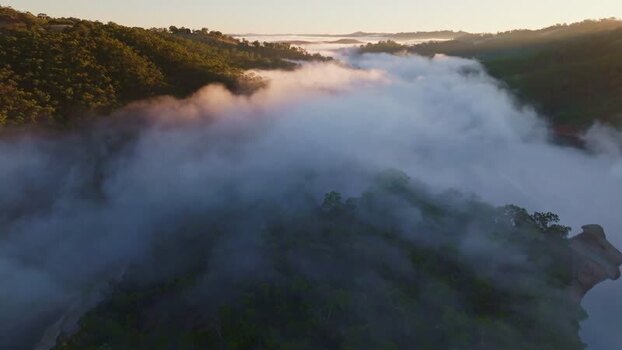 Aerial view of fog rolling over Kangaroo Creek Reservoir Australia. Aerial view of fog rolling over Kangaroo Creek Reservoir Australia.