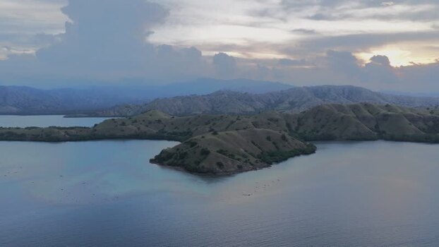 Aerial view of Komodo Island at sunset Indonesia.